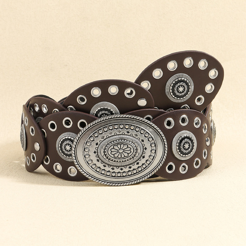 Antique Silver-coloured Vintage Western Post-Apocalyptic Women's Waist Belt with Eyelet Oval Carvings - Main Image