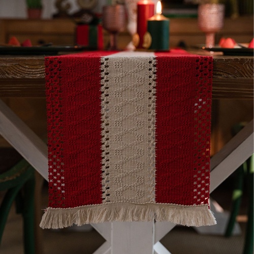 Red-white Vintage-Inspired Chinese Table Runner with Retro Ambiance - 30x200cm New Style Tea Flag for TV Cabinet and Festival Decor - Main Image