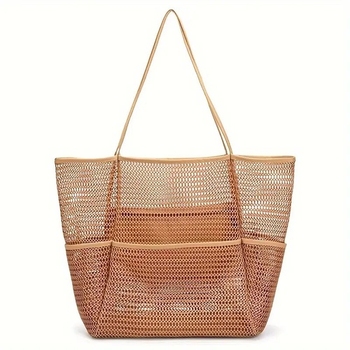 Brown Double Layer Mesh Beach Bag - Large Capacity - Main Image