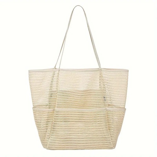 Beige Double Layer Mesh Beach Bag - Large Capacity - Main Image