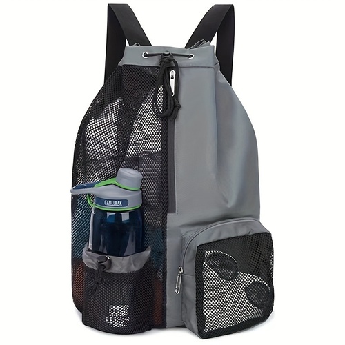 Grey Mesh Drawstring Swim Backpack with Wet Bag - Durable Beach Gym Bag for Wet Gear - Main Image
