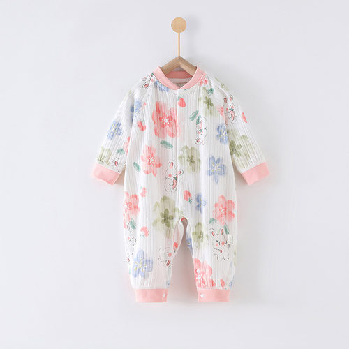 66 Size Rabbit Among Flowers Class A Pure Cotton Long-Sleeve Baby Onesie - Cozy Newborn Bodysuit for Fall and Winter - Main Image