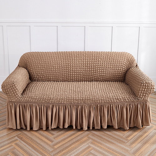 Light Tan Three-person Sofa Bubble Gauze Sofa Cover with Skirt - Full Elastic Dustproof Three-person Seater 190-230cm - Main Image