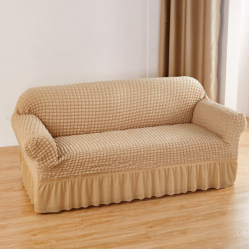 Beige Three-person Sofa Bubble Gauze Sofa Cover with Skirt - Full Elastic Dustproof Three-person Seater 190-230cm - Main Image