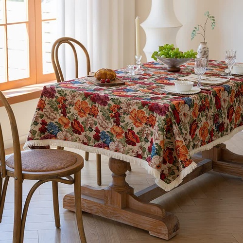 Floral Cotton Linen Tablecloth | Vintage Style Country Garden Design, 90*140cm - Main Image