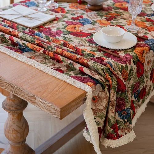 Floral Cotton Linen Tablecloth | Vintage Style Country Garden Design, 140*140cm - Main Image