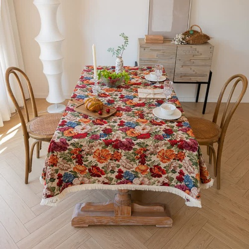 Floral Cotton Linen Tablecloth | Vintage Style Country Garden Design, 100*160cm - Main Image