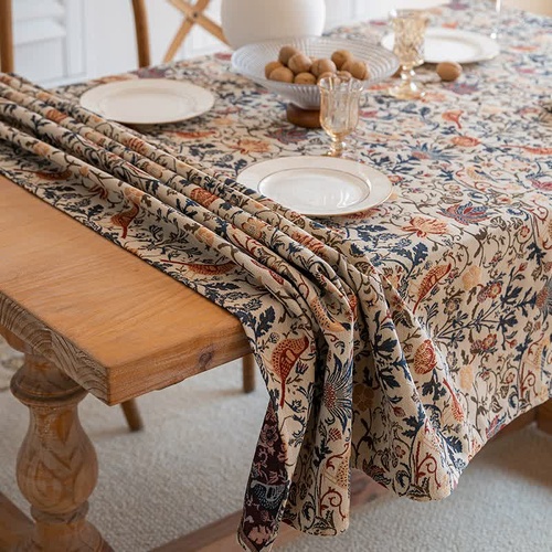 Floral Vintage Bird Tassel Tablecloth | Vintage Cotton and Linen Jacquard Tablecloth, 100*160cm - Main Image