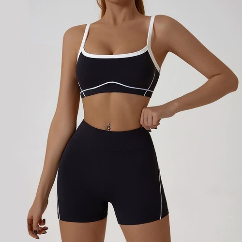 Black Sporty Yoga Set with Contrast Spaghetti Straps - Slim Fit Outdoor Fitness Wear - Size XL - Main Image