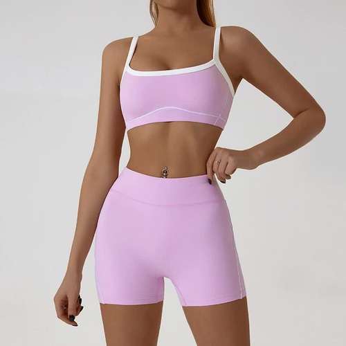 Pink Sporty Yoga Set with Contrast Spaghetti Straps - Slim Fit Outdoor Fitness Wear - Size M - Main Image