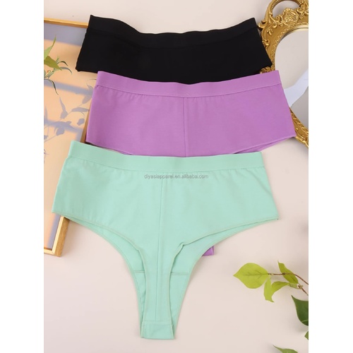 3 pcs（MINT green+Black+Violet） High-Waisted Solid Color Cotton Comfort Plus Size Tummy Control Thong Panties for Women – Size S - Main Image