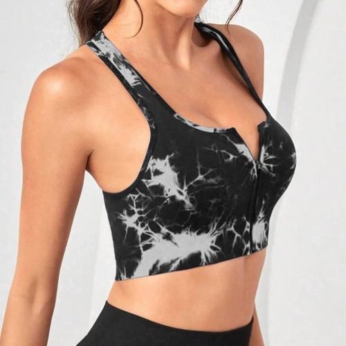 Women's Black Tie Dye Zip-Up Sports Bra | Shockproof, Push-Up Size L - Main Image