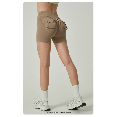 Khaki High-Waisted Yoga Shorts with Pockets for Women - Butt-Lifting, Breathable, and Comfortable Activewear M - Main Image
