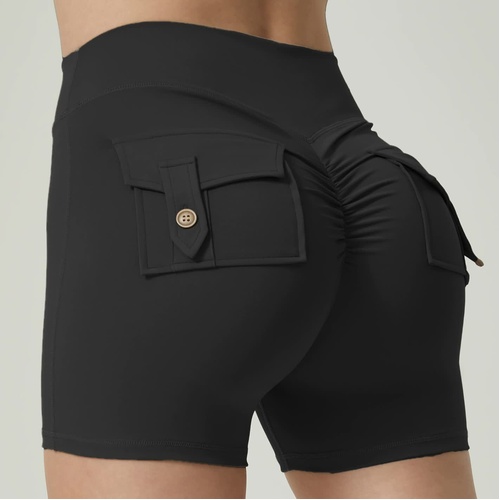 Black High-Waisted Yoga Shorts with Pockets for Women - Butt-Lifting, Breathable, and Comfortable Activewear M - Main Image