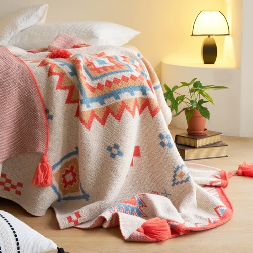 Orange Bohemian Geometric Tassel Throw Blanket - Soft Cotton Blend for Bedroom, Living Room, and Sofa 150x200cm - Main Image