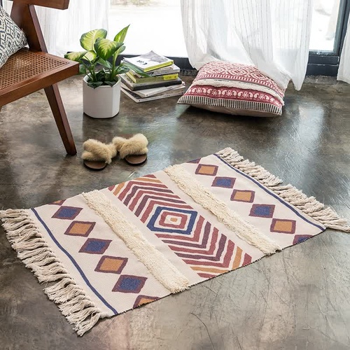 Handwoven Cotton Tassel Floor Rug for Bedroom or Living Room|Soft, Modern Geometric Design,60x90cm - Main Image