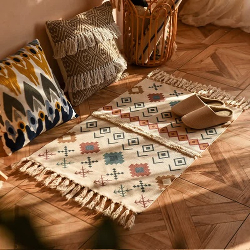 Handwoven Cotton Tassel Floor Rug for Bedroom or Living Room|Soft, Modern Geometric Design,60x90cm - Main Image