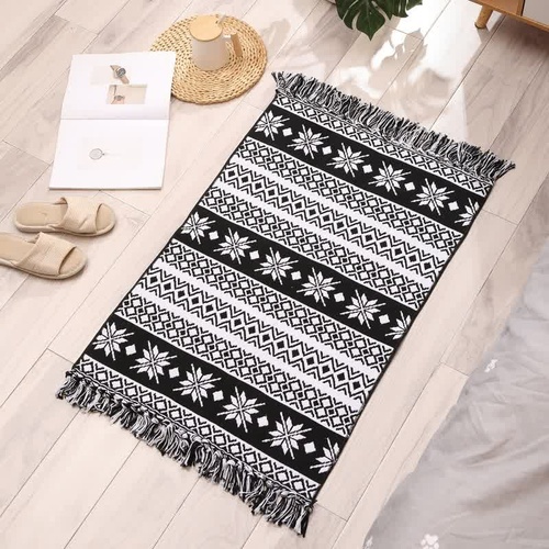 Handwoven Cotton Tassel Floor Rug for Bedroom or Living Room|Soft, Modern Geometric Design,60x90cm - Main Image