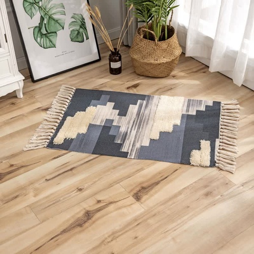 Handwoven Cotton Tassel Floor Rug for Bedroom or Living Room|Soft, Modern Geometric Design,60x90cm - Main Image