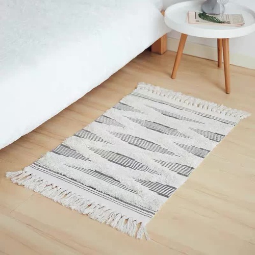 Handwoven Cotton Tassel Floor Rug for Bedroom or Living Room|Soft, Modern Geometric Design,60x90cm - Main Image