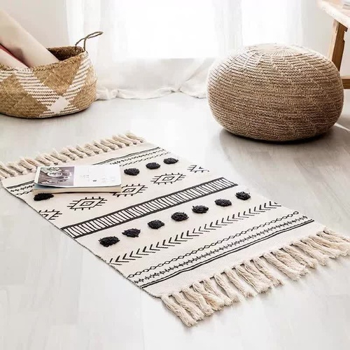 Handwoven Cotton Tassel Floor Rug for Bedroom or Living Room|Soft, Modern Geometric Design,60x90cm - Main Image