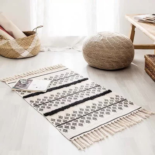 Handwoven Cotton Tassel Floor Rug for Bedroom or Living Room|Soft, Modern Geometric Design,60x90cm - Main Image