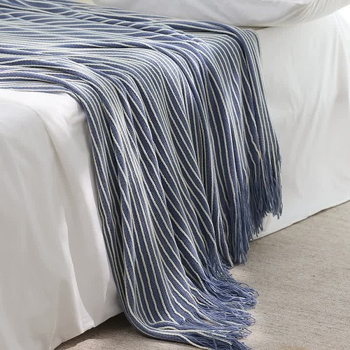 Blue Cozy Knit Throw Blanket with Fringe – Stylish Striped  Bed End Cover, 127x170cm - Main Image