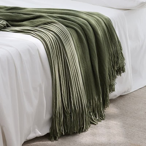 Green Cozy Knit Throw Blanket with Fringe - Stylish Striped  Bed End Cover, 127x220CM - Main Image