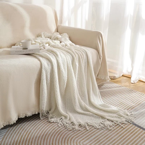 Beige Premium Woven Knitted Throw Blanket with Tassels | Soft, Cozy Sofa & Bed Blanket, Perfect for Office or Afternoon Naps 127x172cm - Main Image