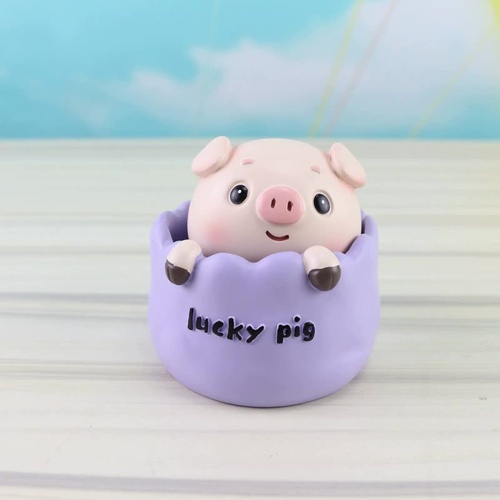 2 pcs Purple Cute Pig Head Bobble Head Car Ornament | Resin Pig Doll for Car Dashboard Decoration 6.5x7cm - Main Image