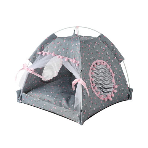 Gray floral Portable Folding Pet Tent - Summer Cat & Dog Shelter with Mesh Window, Lightweight and Breathable, Ideal for Travel & Home Use 50x50x45CM - Main Image
