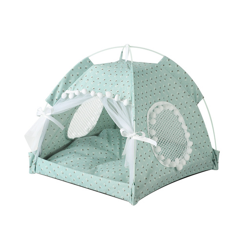 Green floral Portable Folding Pet Tent - Summer Cat & Dog Shelter with Mesh Window, Lightweight and Breathable, Ideal for Travel & Home Use 40x40x35CM - Main Image