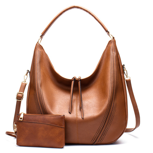 Brown Faux Leather Hobo Bag - Large Shoulder Tote w/Coin Purse - Main Image
