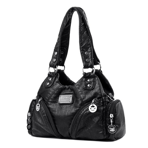 Black Vintage Soft Leather Biker Bag - Shoulder Crossbody Handbag - Main Image