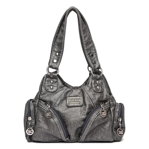 Gray Vintage Soft Leather Biker Bag - Shoulder Crossbody Handbag - Main Image