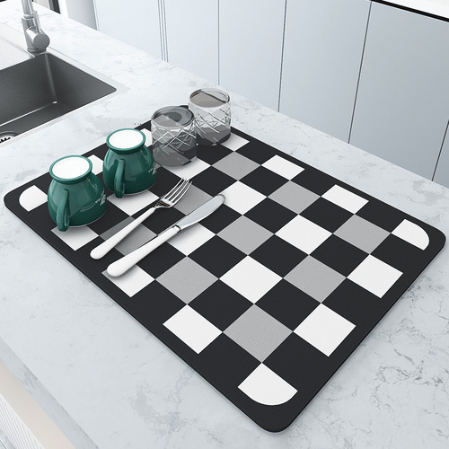 Black and white grids Kitchen Drying Mat - Super Absorbent Dish & Cup Drainer Pad 40x50cm - Main Image