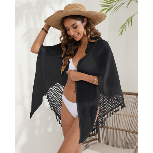 Black Women's Mesh Detail Beach Wrap - Tassel Trim Swim Cover-Up 95x195cm - Main Image