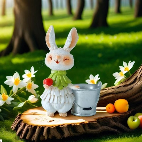 Green Bunny with Bucket Whimsical Bunny Garden Decor - Easter Flower Pot Statue - Main Image