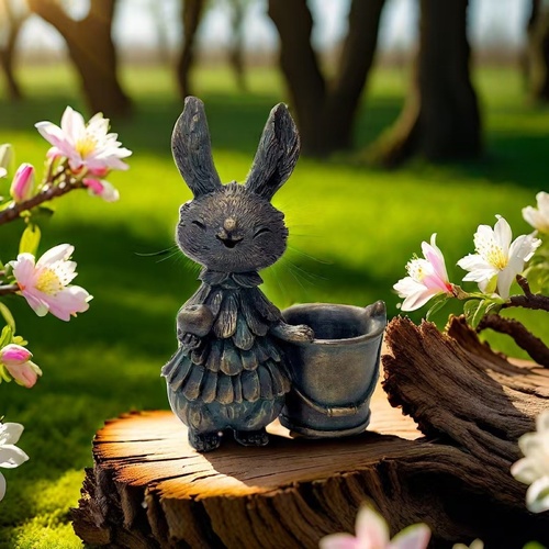Copper Bunny with Bucket Whimsical Bunny Garden Decor - Easter Flower Pot Statue - Main Image