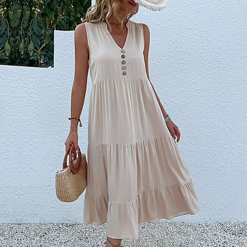 Apricot Flowy Sleeveless Midi Dress - Sleeveless solid sundress with decorative buttons Size M - Main Image