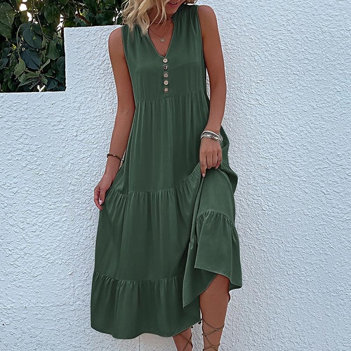 Green Flowy Sleeveless Midi Dress - Sleeveless solid sundress with decorative buttons Size M - Main Image