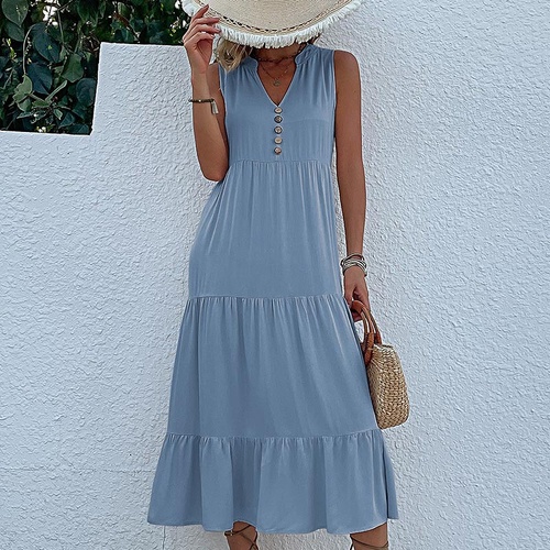 Light blue Flowy Sleeveless Midi Dress - Sleeveless solid sundress with decorative buttons Size M - Main Image
