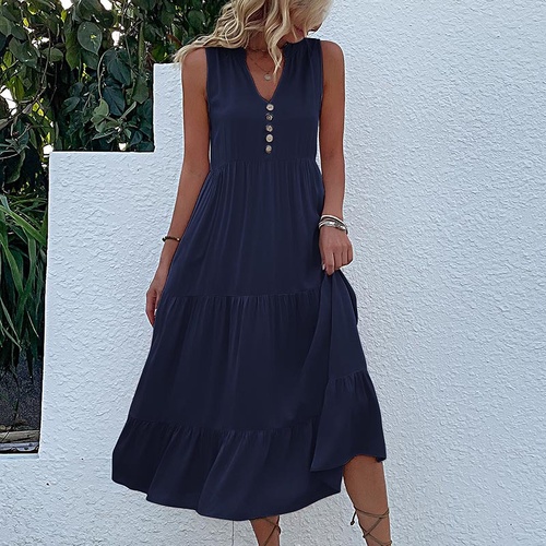 Navy blue Flowy Sleeveless Midi Dress - Sleeveless solid sundress with decorative buttons Size M - Main Image