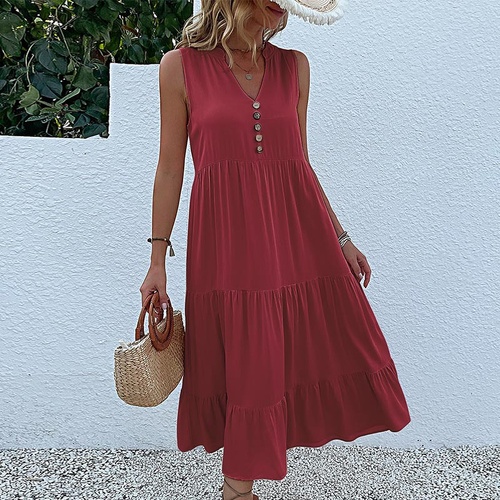 Wine red Flowy Sleeveless Midi Dress - Sleeveless solid sundress with decorative buttons Size L - Main Image