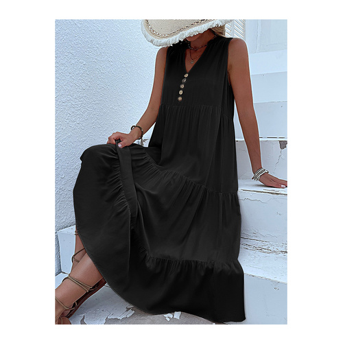 Black Flowy Sleeveless Midi Dress - Sleeveless solid sundress with decorative buttons Size L - Main Image