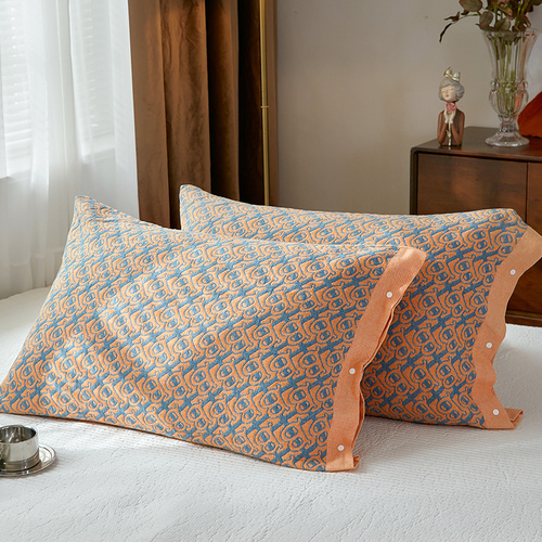 Orange B pattern Snap-On Cotton Gauze Pillowcase Set - Full Coverage, Non-Slip, Easy Closure (One pair without pillow core) - Main Image