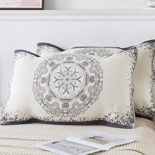 Pair of Gray Circular Pattern Tied Cotton Gauze Pillow Cover - Secure Fit, Premium Comfort (Insert Not Included) - Main Image