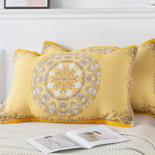 Pair of Yellow Circular Pattern Tied Cotton Gauze Pillow Cover - Secure Fit, Premium Comfort (Insert Not Included) - Main Image
