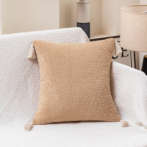 Milk tea yellow Set of 2 Textured Velvet Throw Pillow Covers with Tassels - Decorative Square Cushions 45*45cm - Main Image