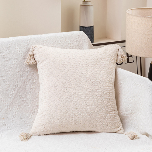 Cream White Set of 2 Textured Velvet Throw Pillow Covers with Tassels - Decorative Square Cushions 45*45cm - Main Image